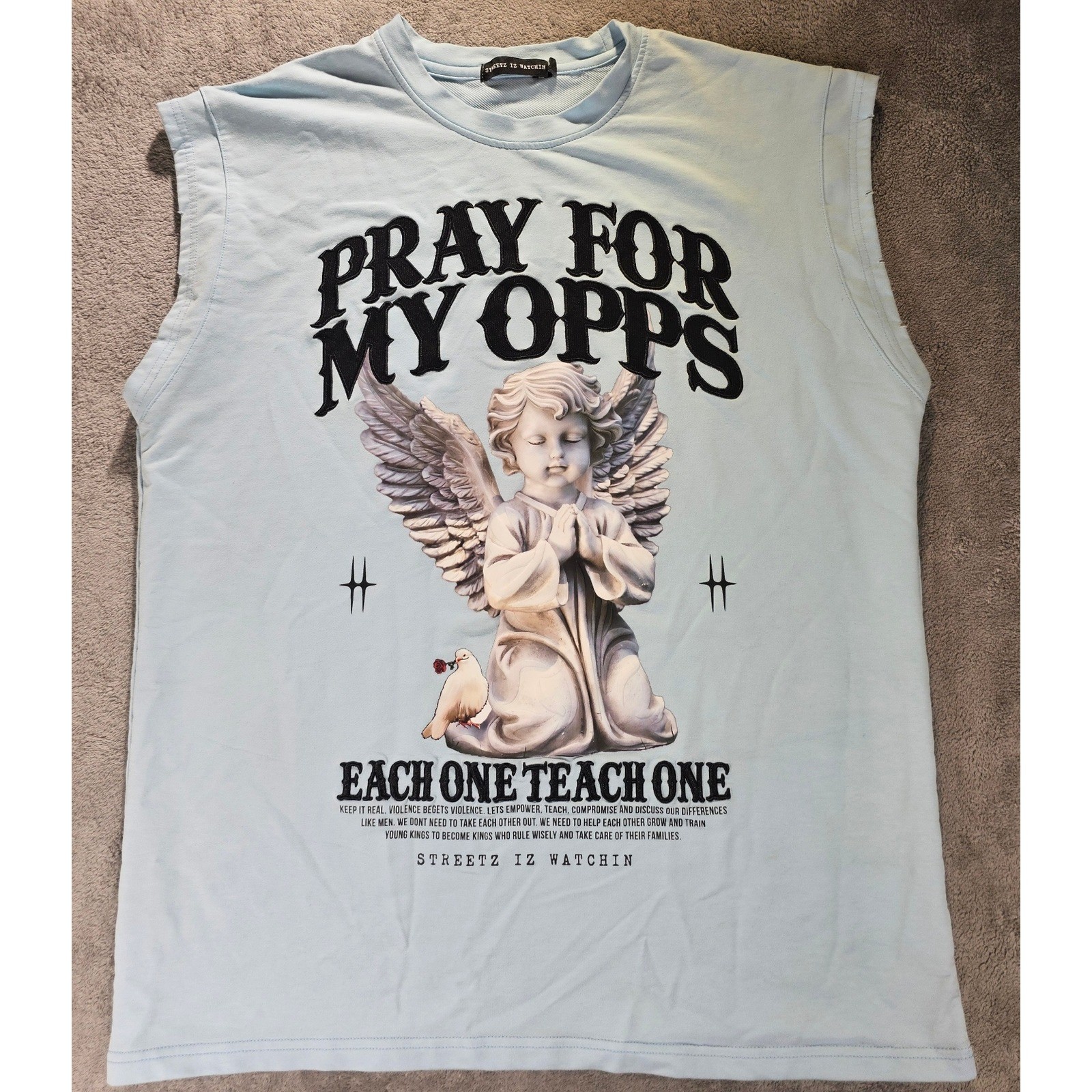 Streetz Iz Watchin Pray For My Opps Angel Muscle Tee Light Blue Small gallery