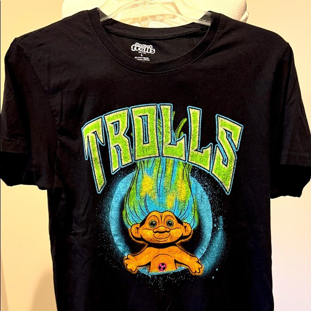 Dream Works Good Luck Trolls Graphic Black T-Shirt w/ Green Blue Graphics Large