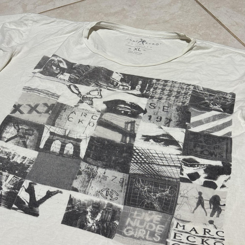 Marc Ecko Cut & Sew Shirt Mens Extra Large White Graphic Collage Crewneck Cotton