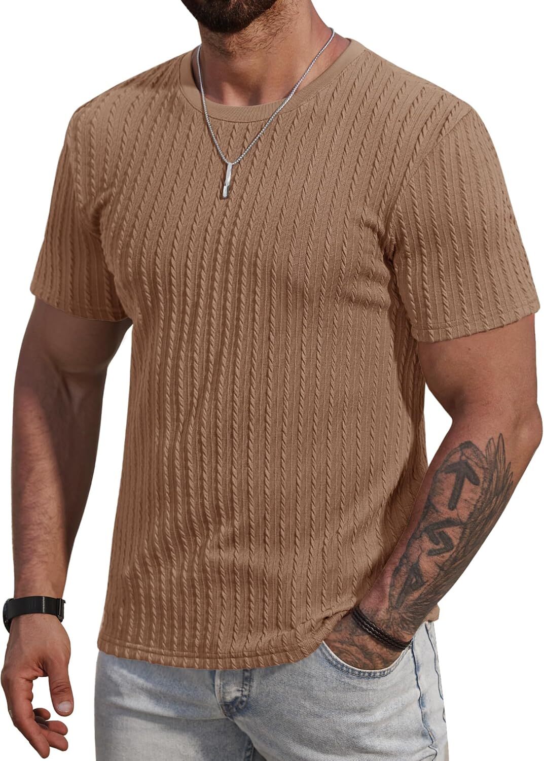 Men's Slim Fit Textured Knit Short Sleeve Shirt Stretch Ribbed Crewneck Tee S-XX gallery