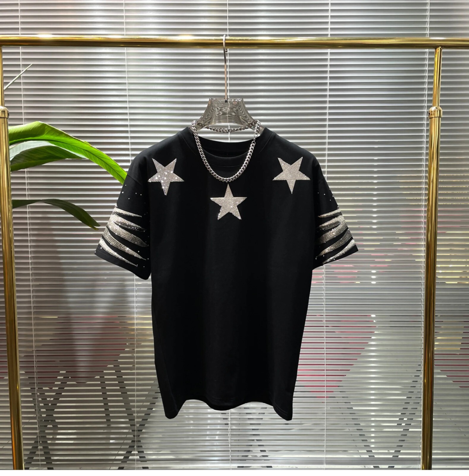 New Men Luxury Diamond Star Rhinestones Fashion Black T-Shirt High Quality gallery