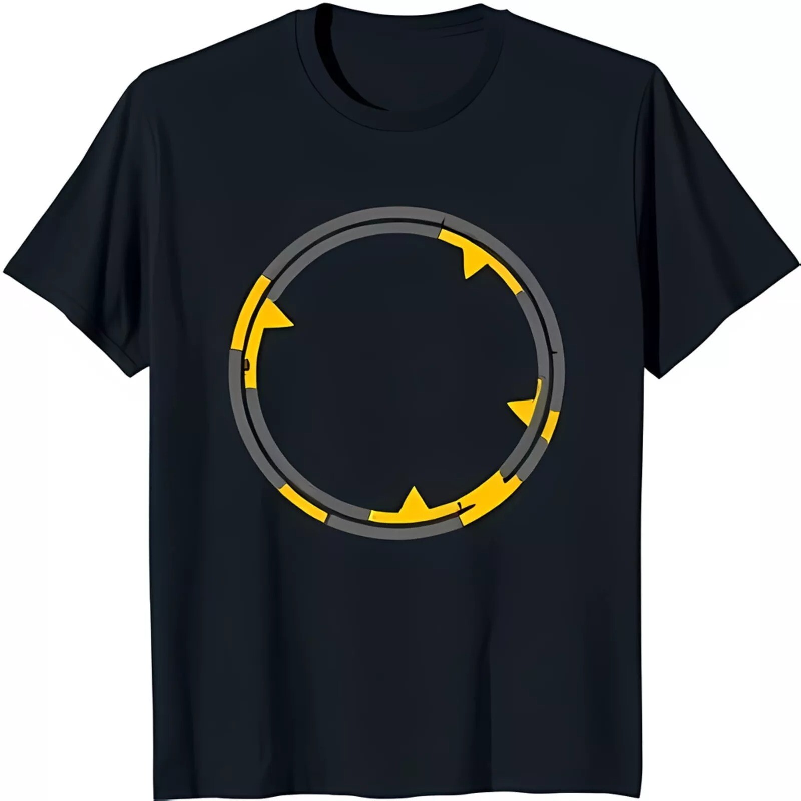 2025/Men’s Dark Blue Neck T-Shirt with Yellow and Gray Circular Design