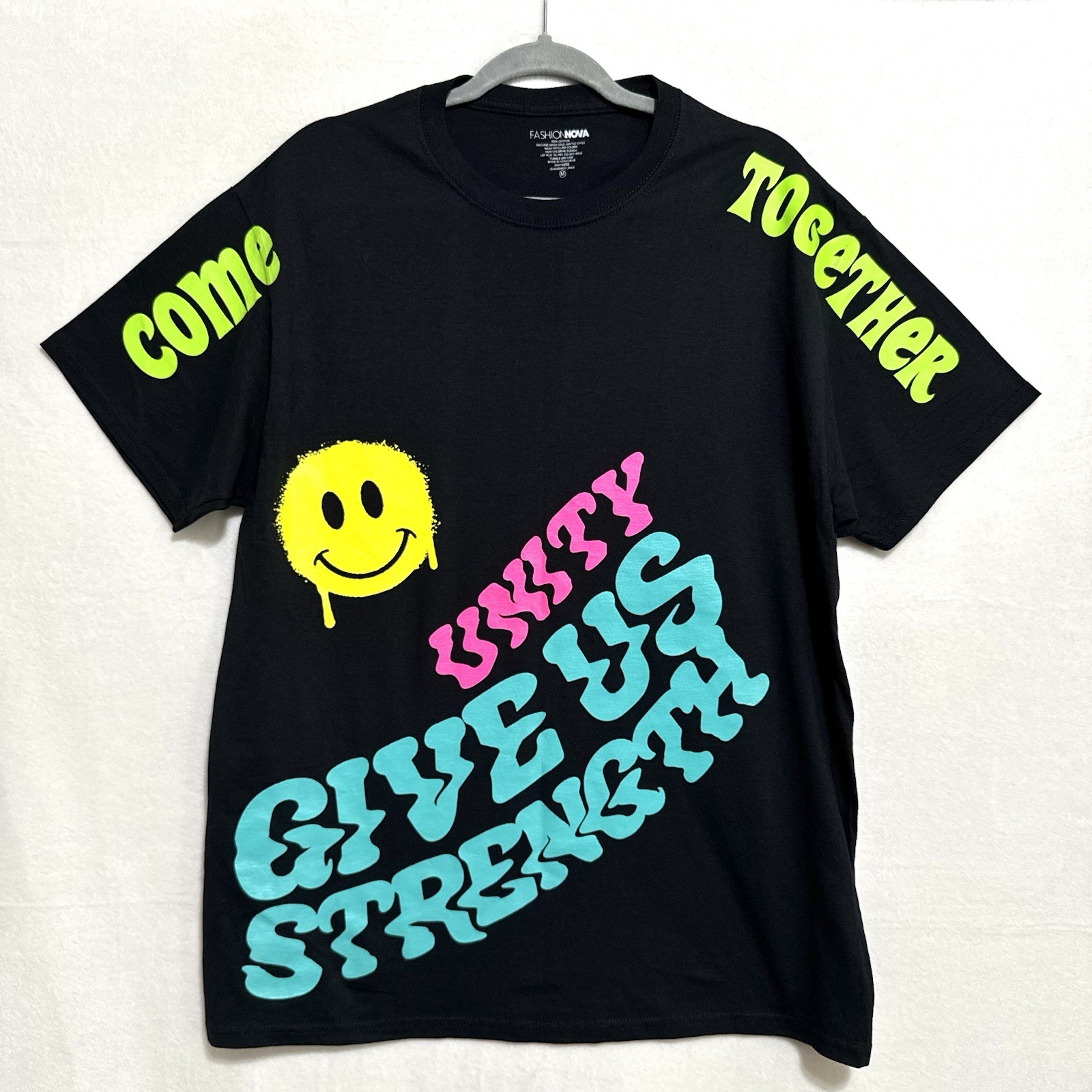 Men’s Graphic T-Shirt Medium Black Neon Smiley Face Unity Rave Streetwear NWOT gallery