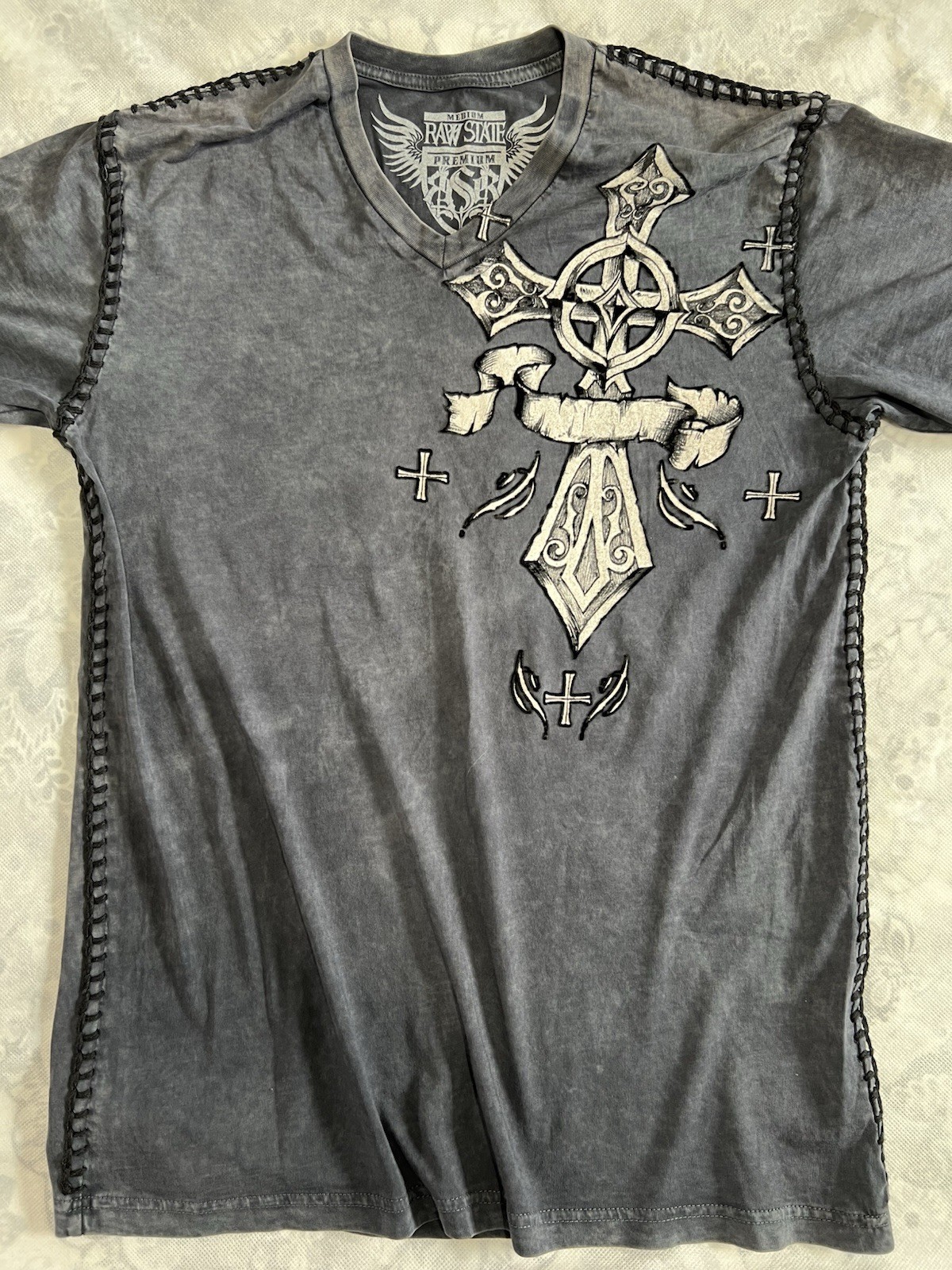 Raw State Shirt Sz M Gray Cross Angel Wings Royalty Stitch Premium Y2K Goth VTG gallery