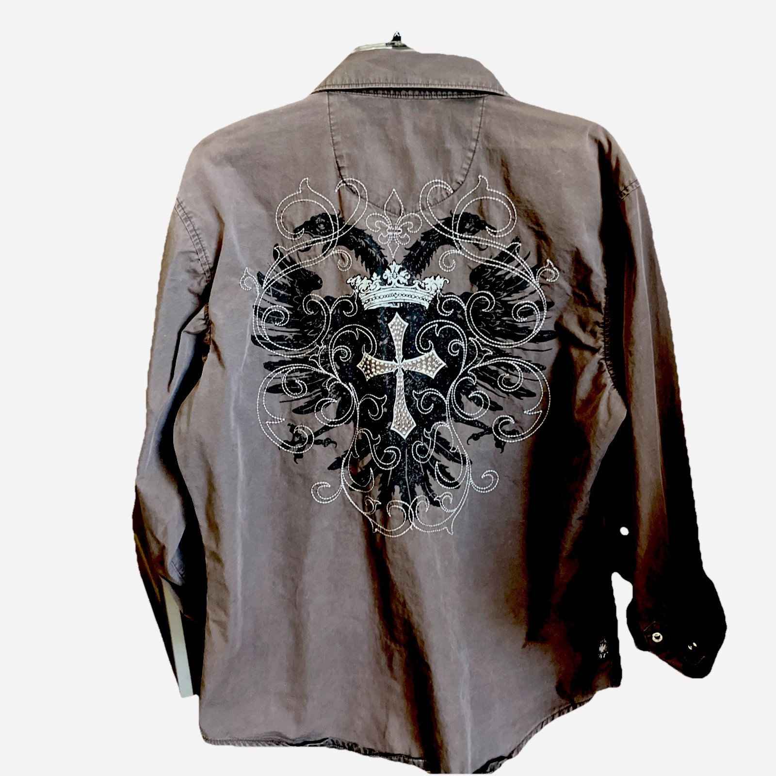 Rock 47 Crown Studded Cross Embroidered Long Sleeve Snap Button Up Men’s L