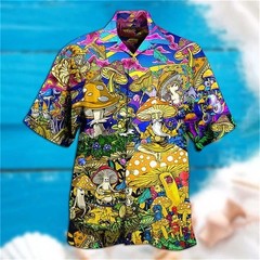 Mens Button Down Magic Mushroom Wizard Hawaiian Top Novelty Psychedelic Hippie G