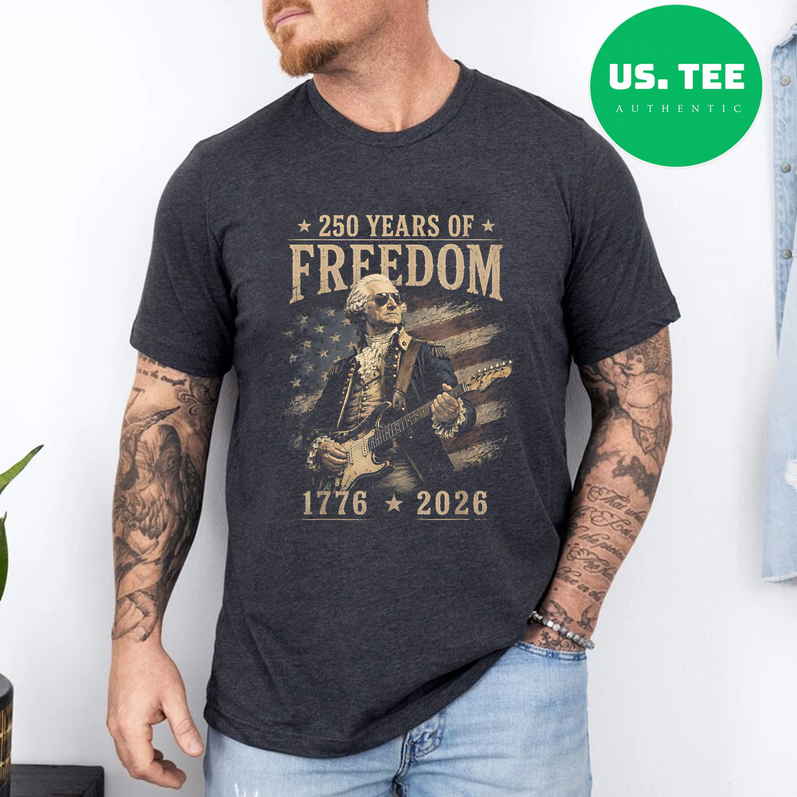 250th Anniversary George Washington Playing Guitar 4th July T-Shirt gallery