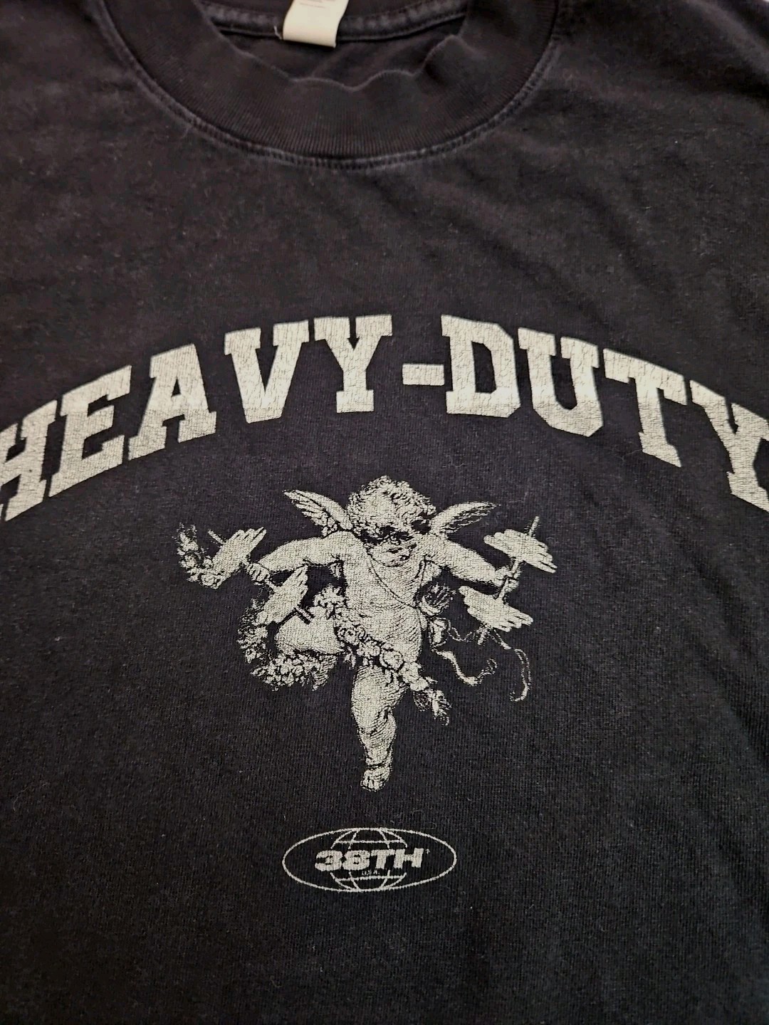HEAVY DUTY 6.5 OUNCE Brand Mens Black T Shirt Workout Angel With Weights gallery