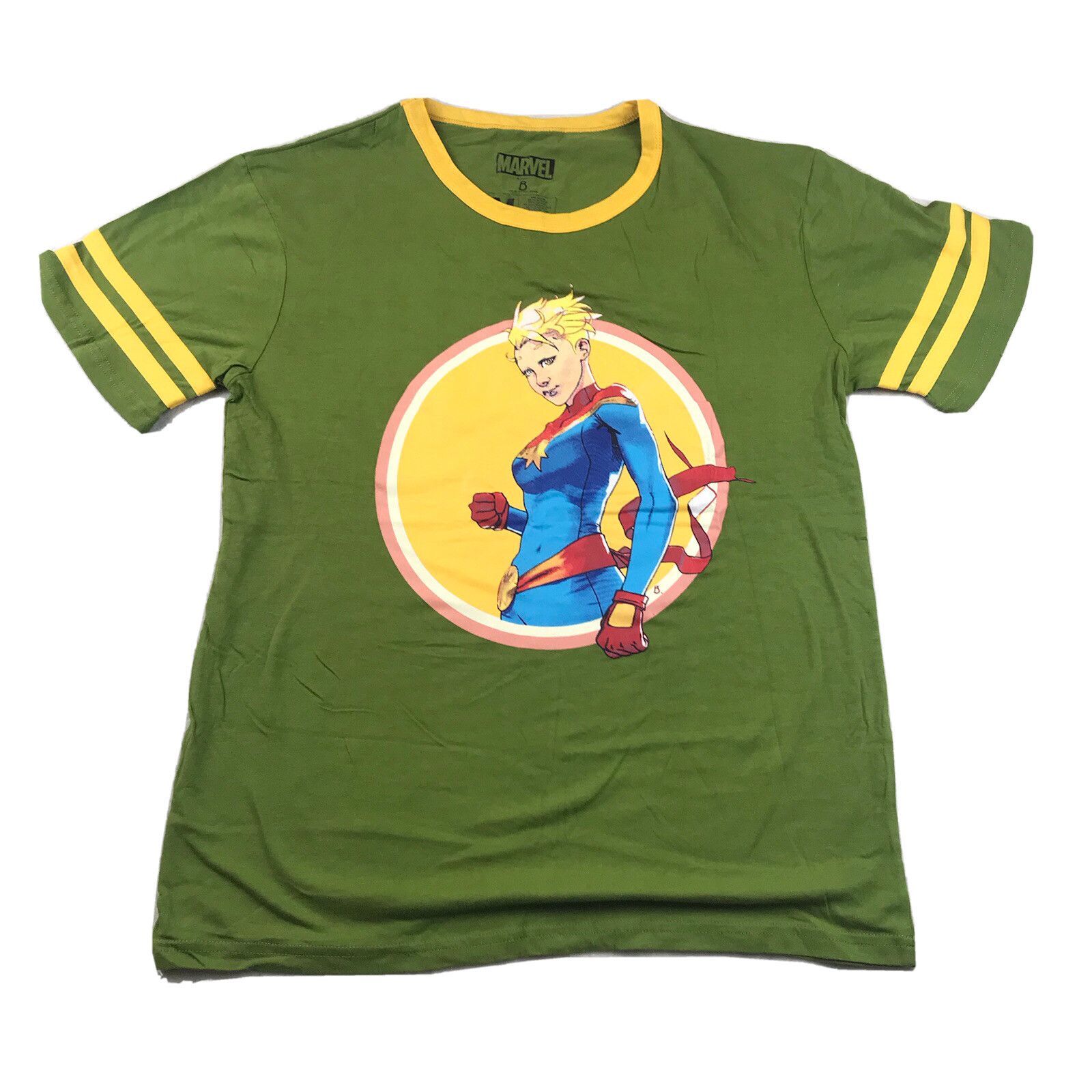 Captain Marvel Graphic Tee Shirt Adult Medium Green Contrasting Yellow Trim