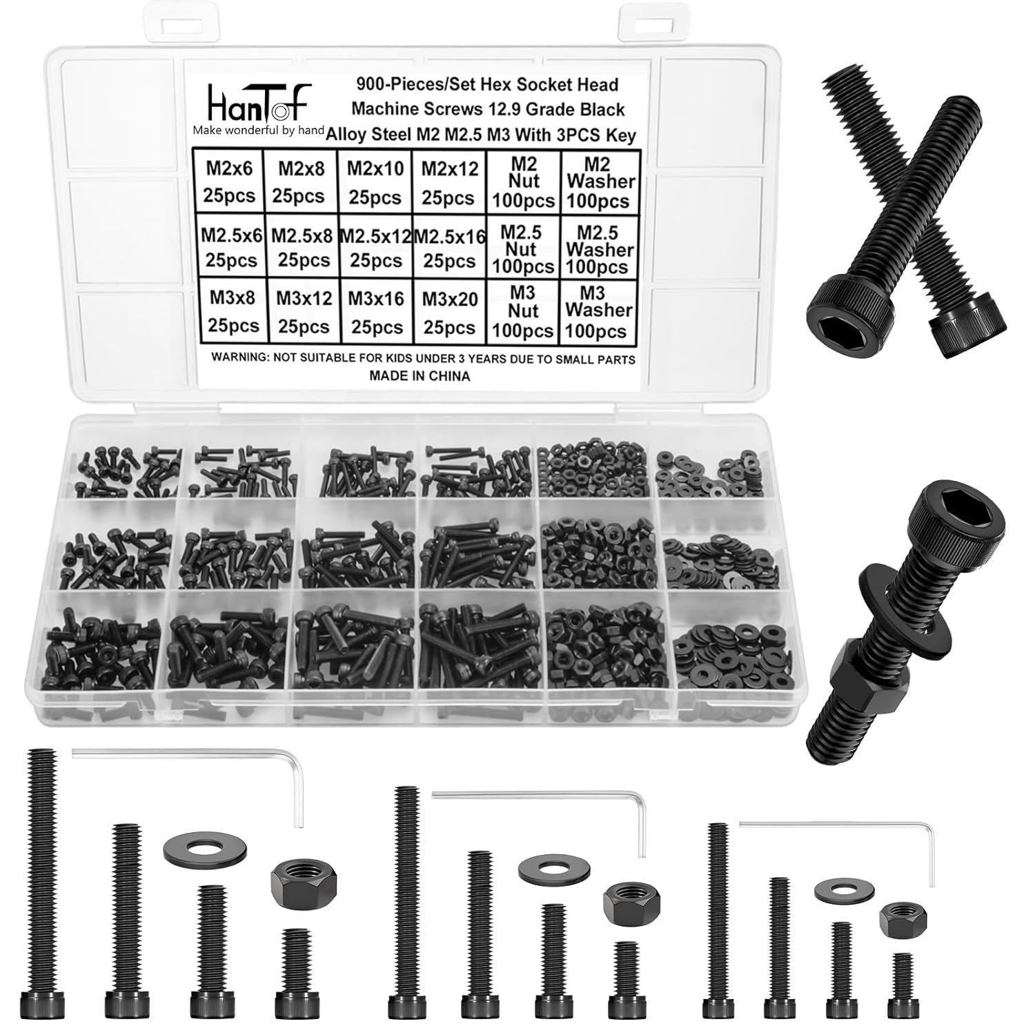 900Pcs M2 M2.5 M3 Screws Bolts Nuts Washers Assortment Kit,Come with Hex Wrench