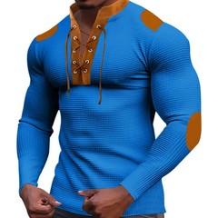 Cross-border new men’s waffle color matching strap V-neck top casual.