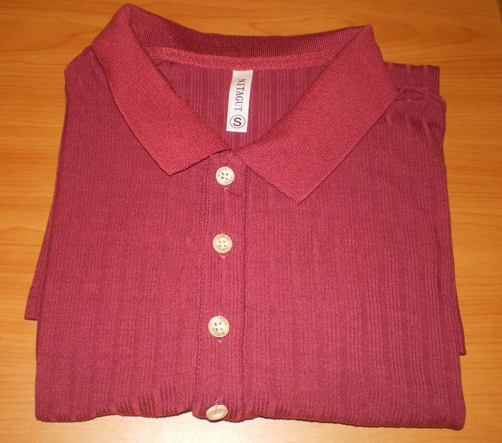 NITAGUT Mens BURGUNDY WINE Casual Short Sleeve Collared Ribbed Knit POLO Shirt S