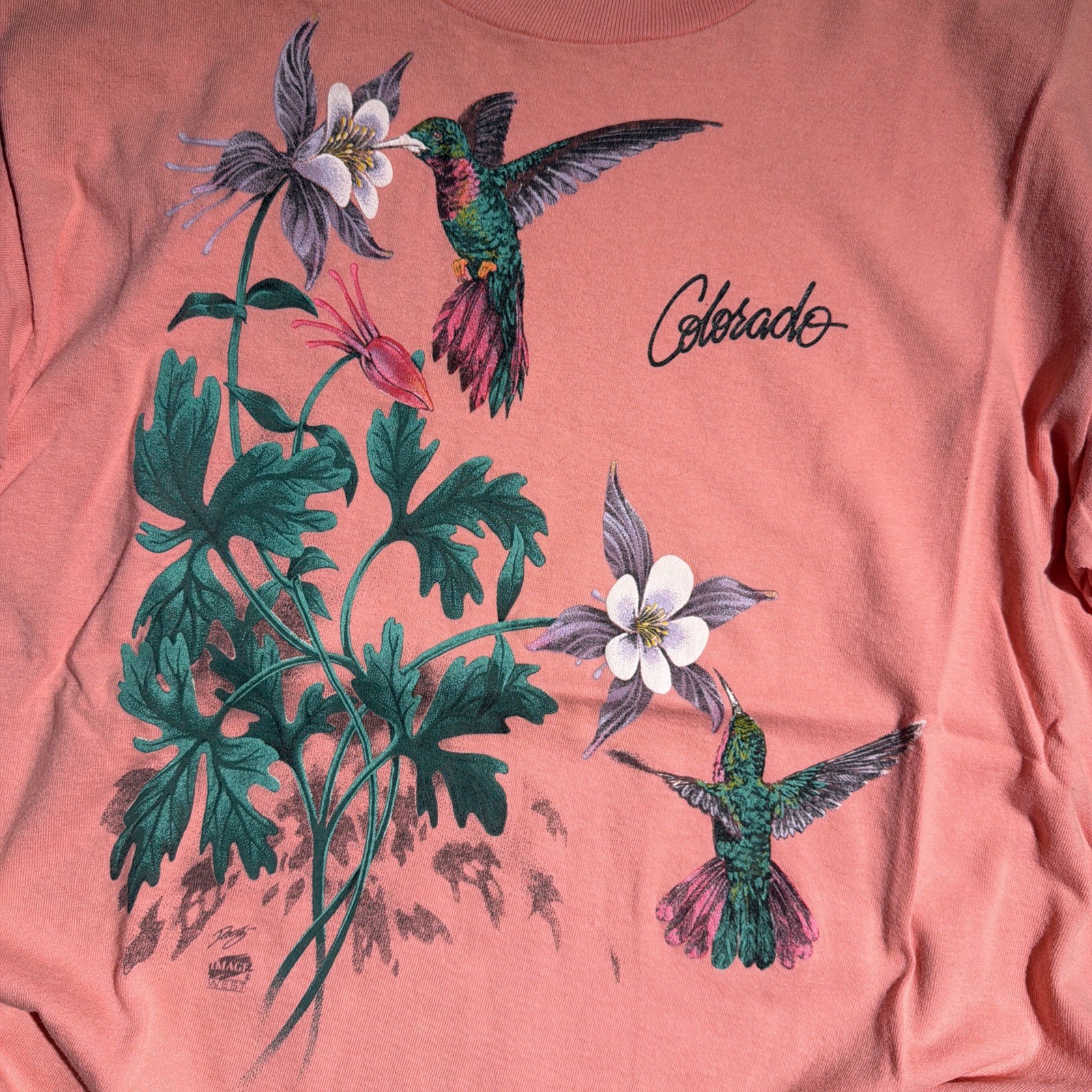 Vintage Hummingbird Bird Nature Flowers Art Shirt Medium Colorado USA 90's gallery