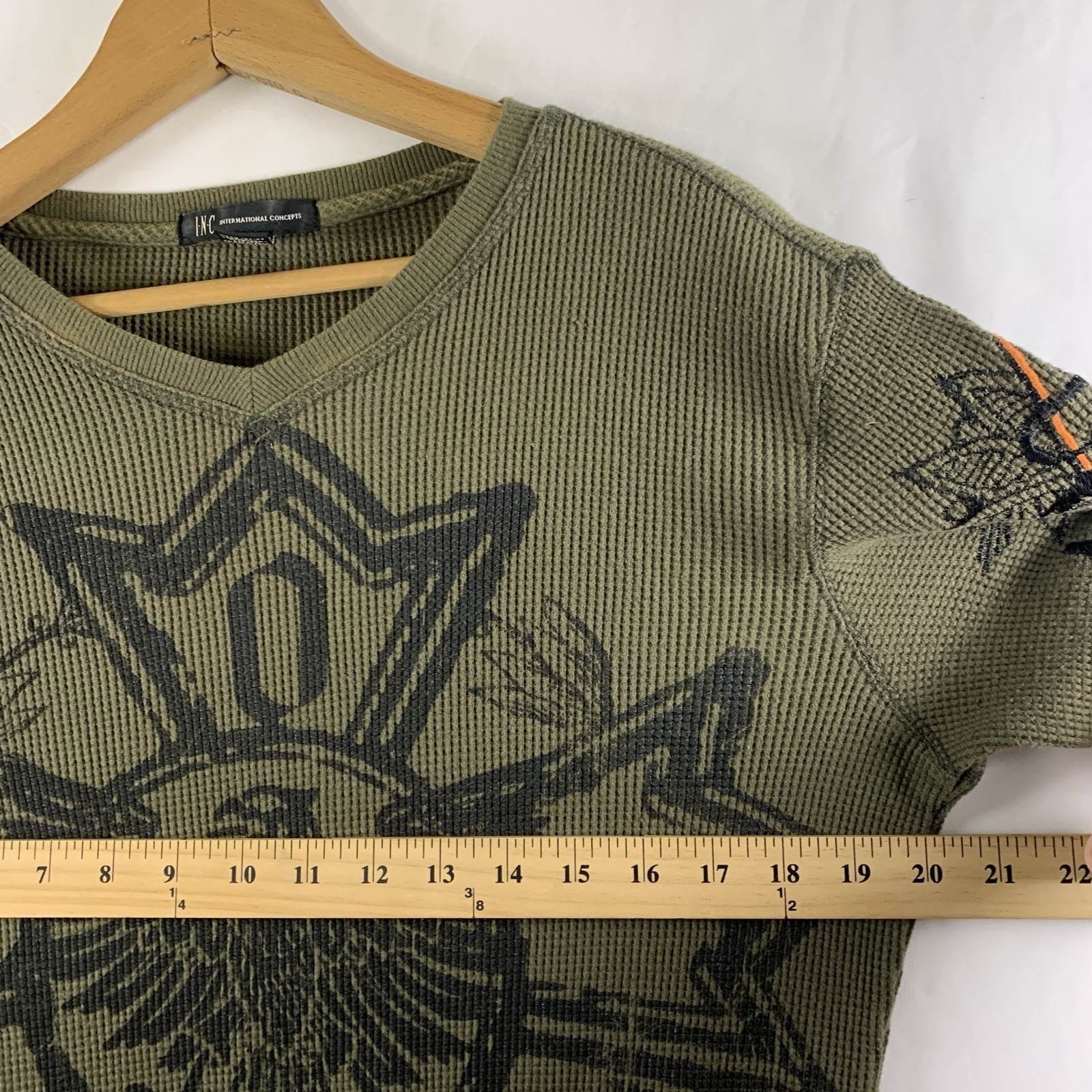 Mens Y2K Graphic Embroidered Thermal Shirt Sz S Olive Biker Grunge Rock gallery