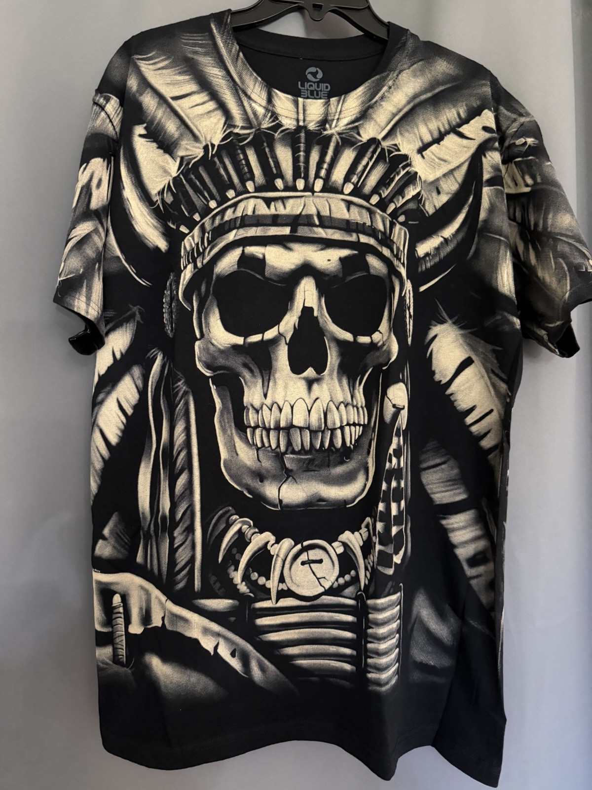 Liquid Blue Men’s 2XL Black/White Cotton Crew Neck Skull All-Over Print Tee gallery
