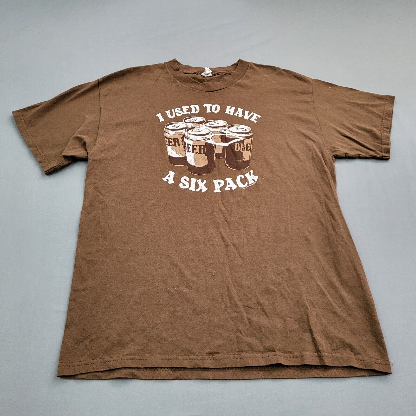 VINTAGE Beer Shirt Mens Large Short Sleeve I Used To Have A 6 Pack Knit Brown *
