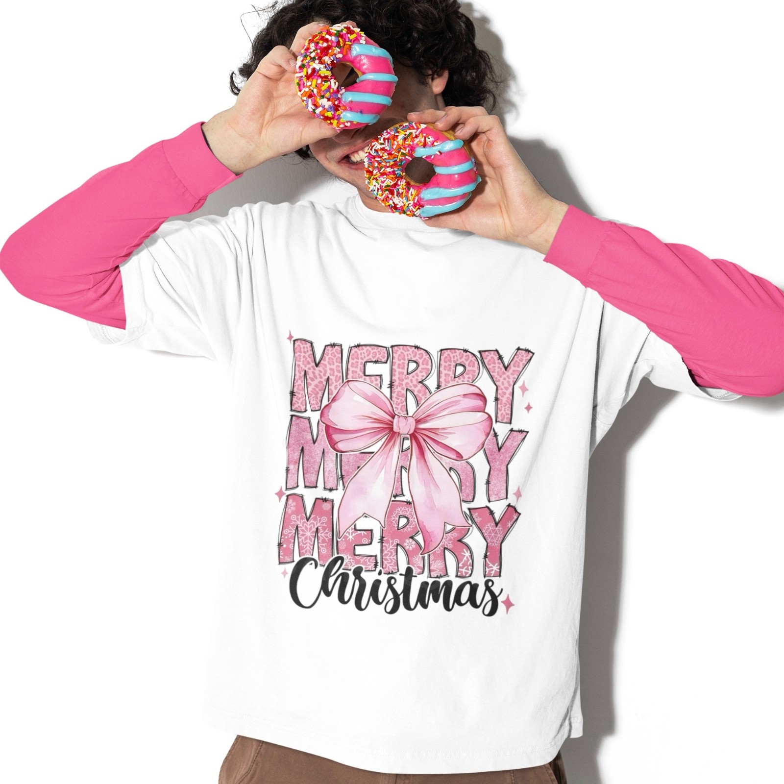 Merry Christmas Pink Bow Graphic Tee Cute Festive Holiday Aesthetic Unisex Winte gallery