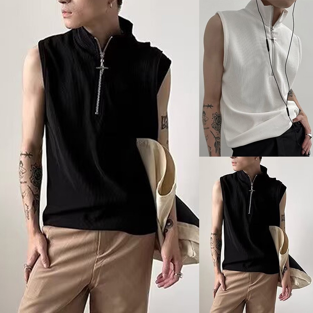 Retro Punk Zipper Tank Top for Men Stylish Sleeveless Vest with Stand Collar gallery