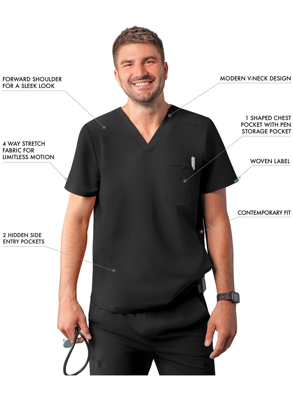 Adar Addition Scrubs For Men - Modern Multi Pocket V-Neck Scrub Top gallery