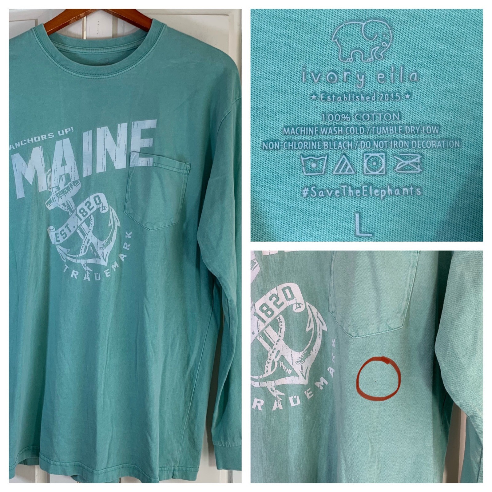 Ivory Ella Maine Anchors Up Long Sleeve Pocket T-Shirt Green Coastal STAIN gallery