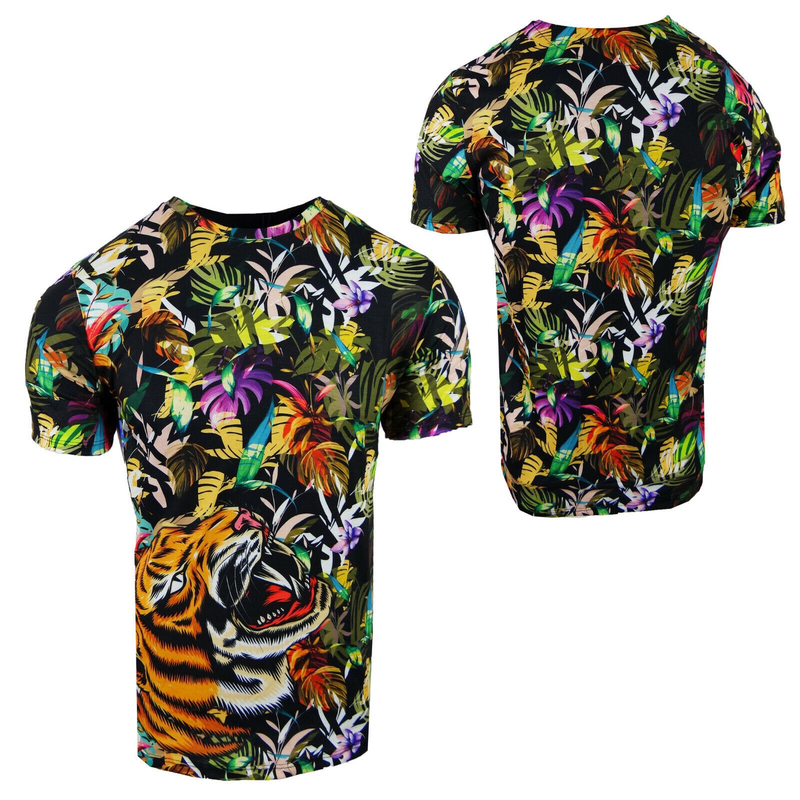 Designer Mens T- Shirt Tropical Colorful Floral Tiger Animal Print Slim Fit