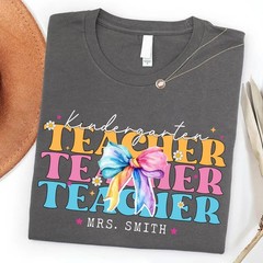 Personalized Kindergarten Teacher Shirt Custom Name Bow Back to School Gift Tee