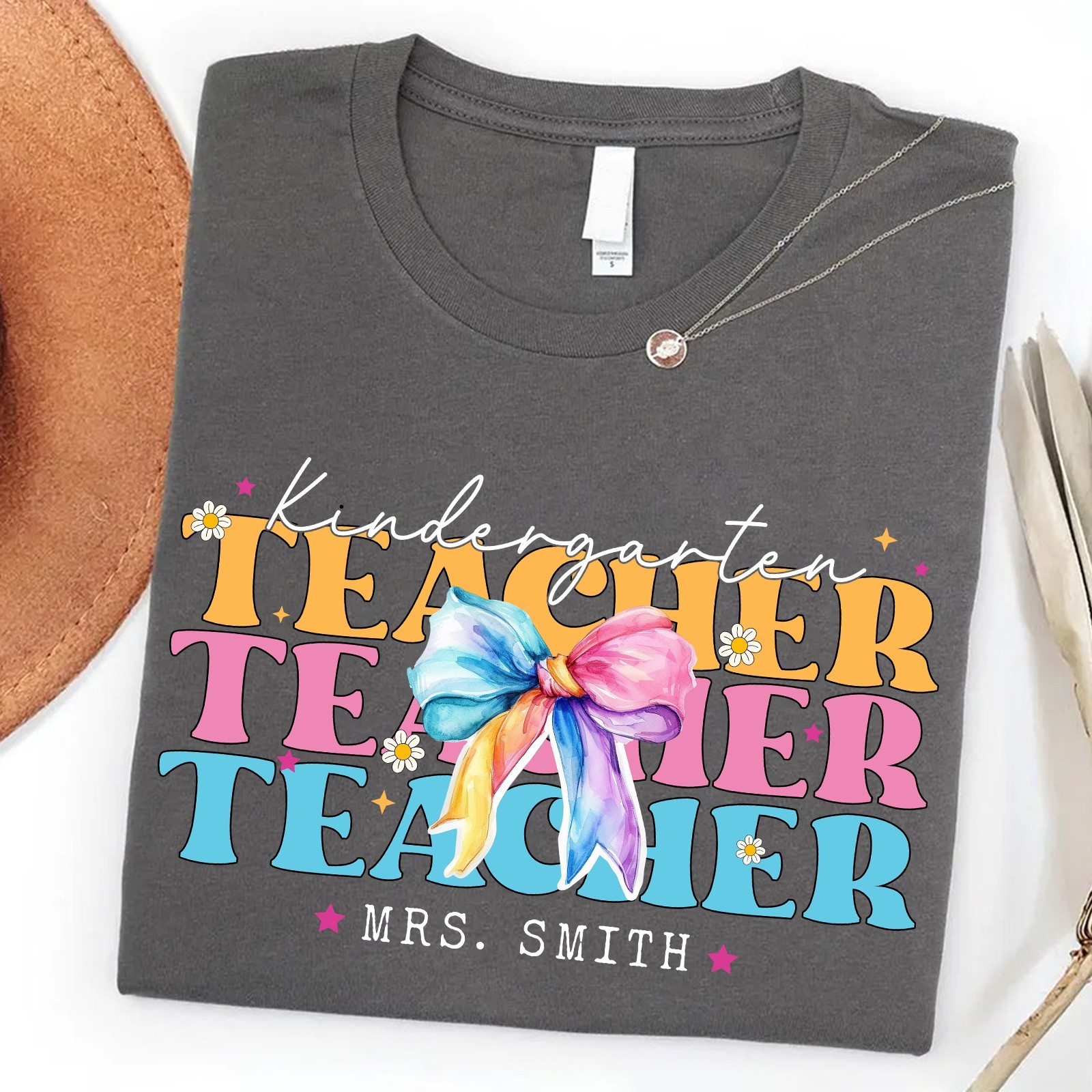 Personalized Kindergarten Teacher Shirt Custom Name Bow Back to School Gift Tee gallery