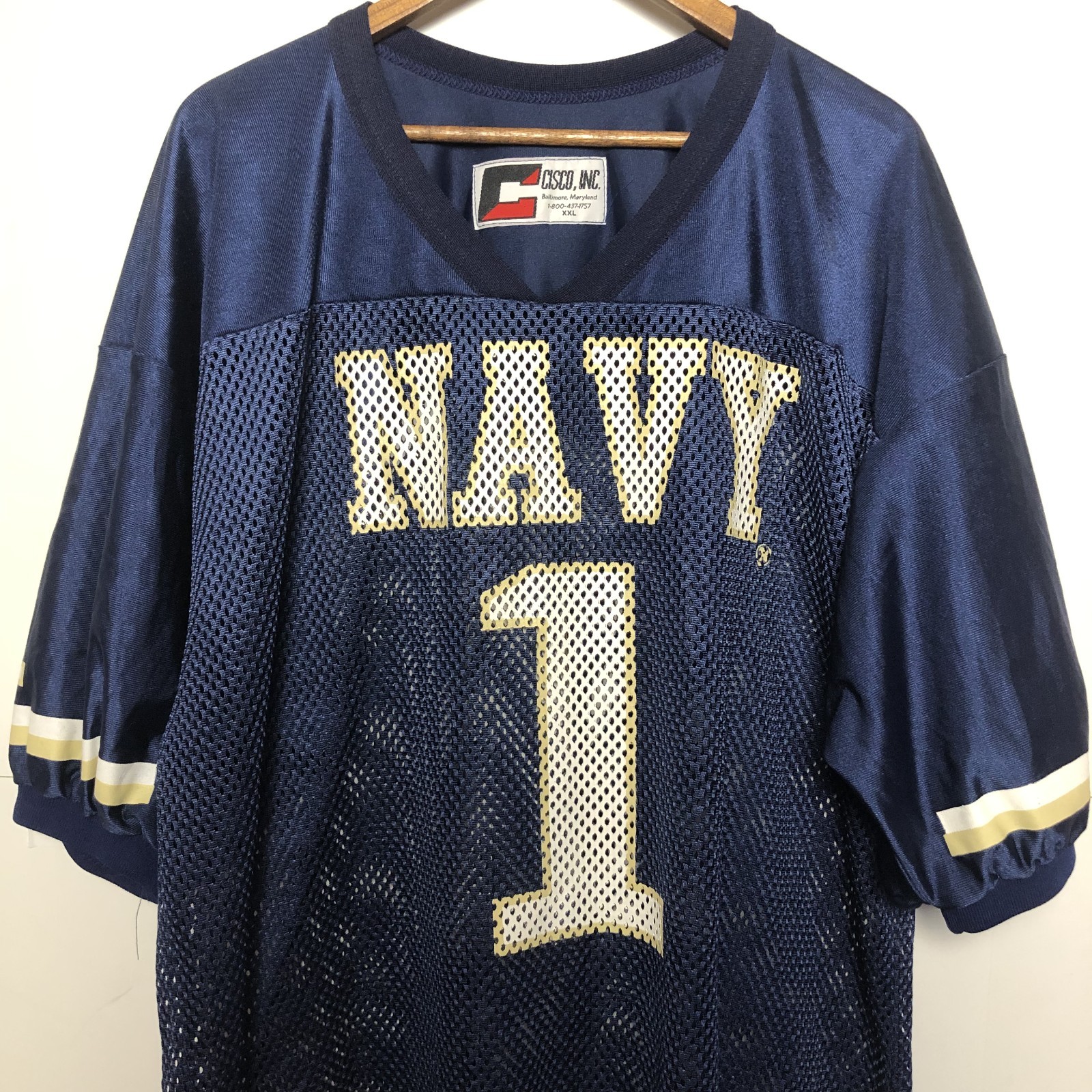 Vintage 90s US Navy Football Jersey Mens 2XL Blue Mesh Satin Cisco Inc 26x30 gallery