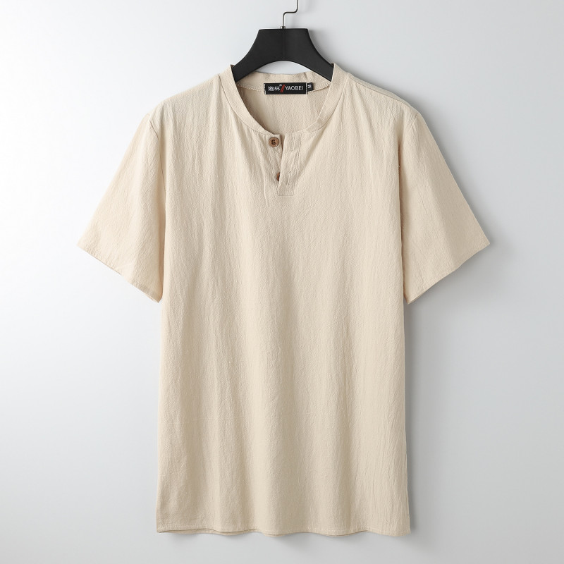 Men's Stand-up Collar Short Sleeve Cotton Hemp Summer T-shirt Loose Linen V-neck gallery