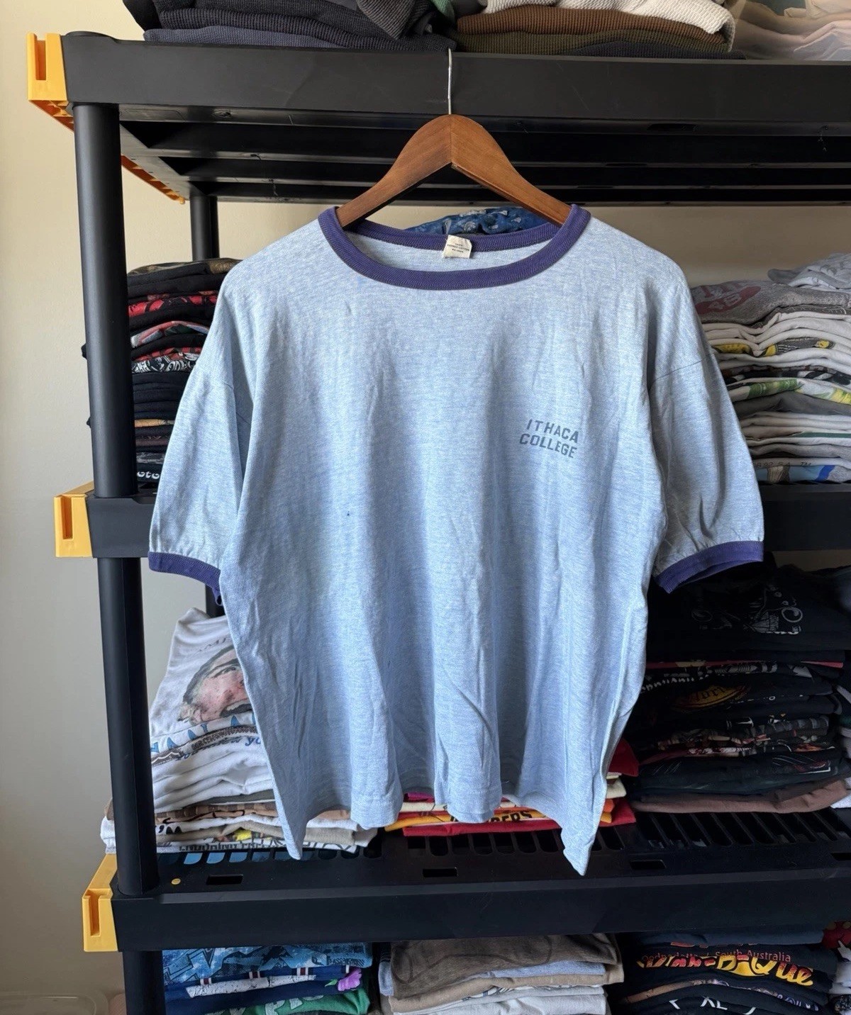 BOXY Vintage 50s 60s Ithaca College Ringer Shirt Heather Blue XL Airtowne Mills
