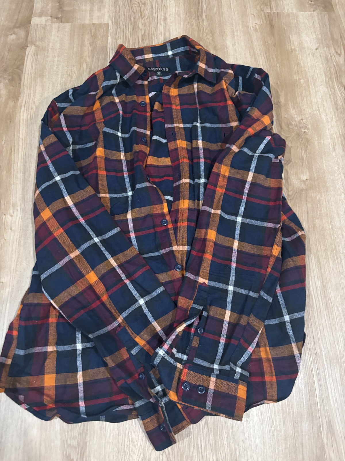 Express Men Button up 17 sz 17.5 Size XL shirt long sleeve plaid navy orange gallery