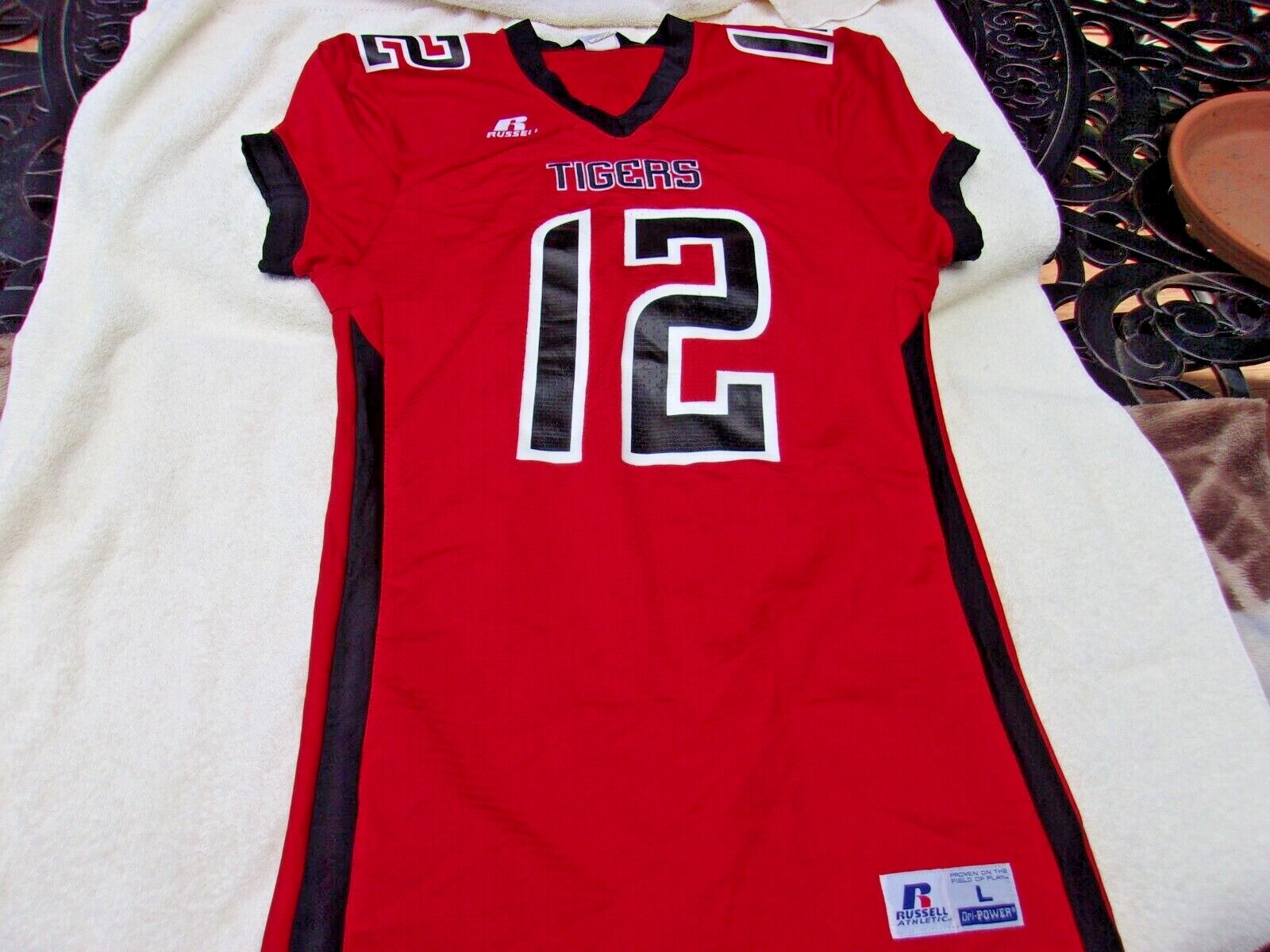 NWOT Russell game cut football jersey, nylon blend, men's L, teams, colors, long gallery