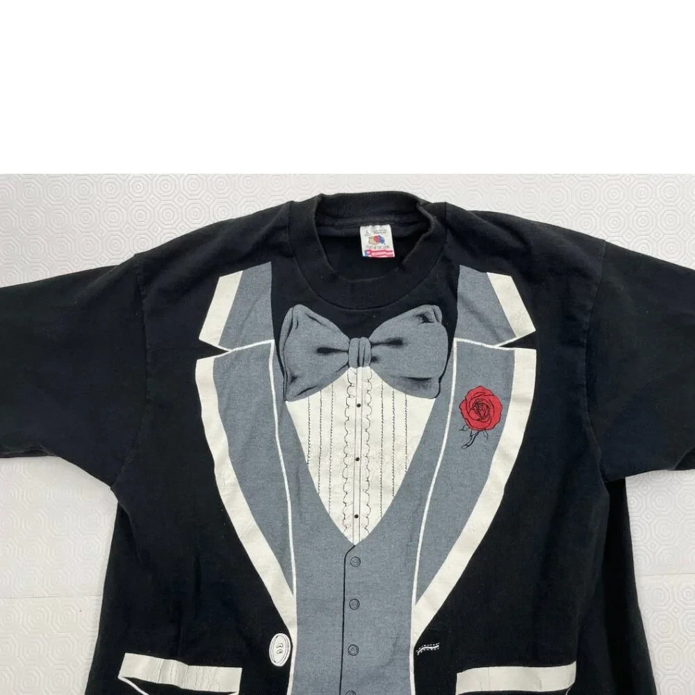 Vintage 1980s Fruit of the Loom Tuxedo Bowtie Graphic Formal Tee Shirt Men's L gallery