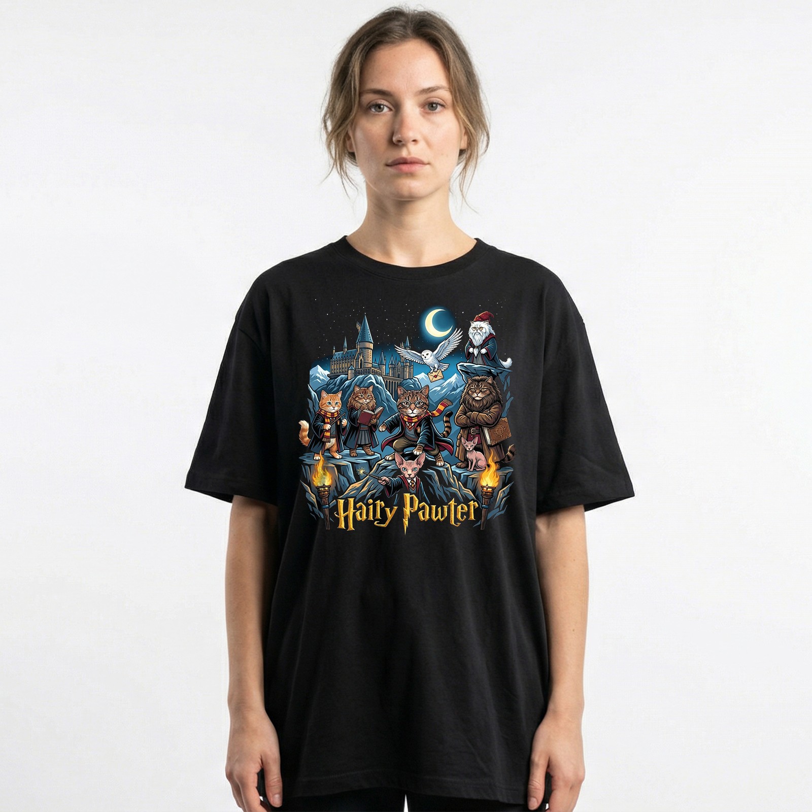 Hairy Pawter Wizard Magic Cat t-shirt Hogwarts Castle Kitten Owl Fantasy tee gallery