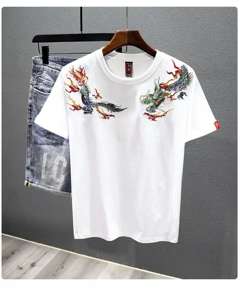 Men's Dragon Embroidered T-Shirt Casual Short Sleeve Summer Ethnic Style Top gallery