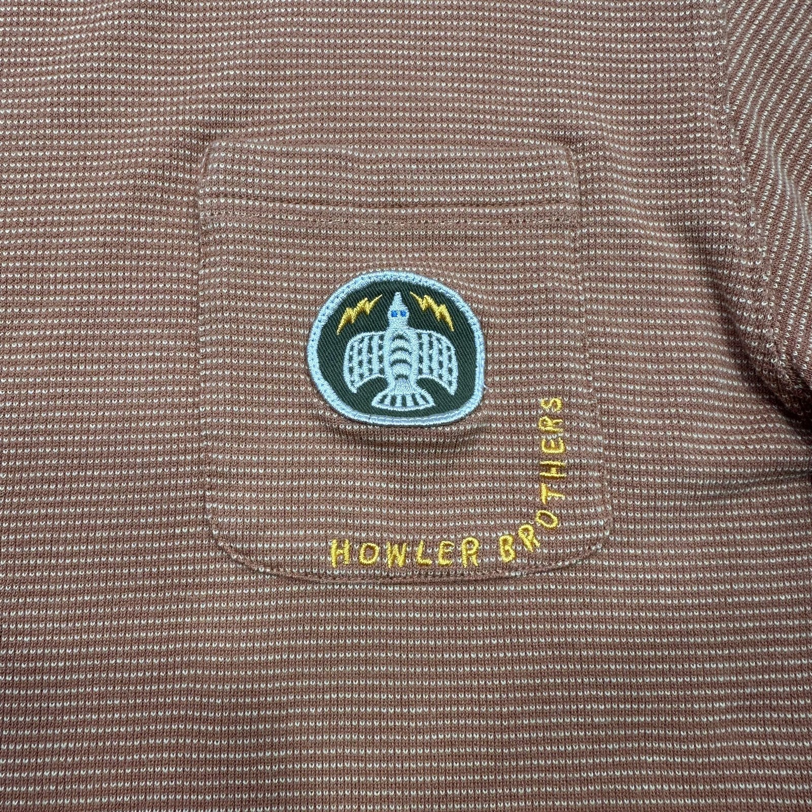 Howler Brothers Shirt Mens Large Orange Striped Textured Pocket Patch Tee gallery