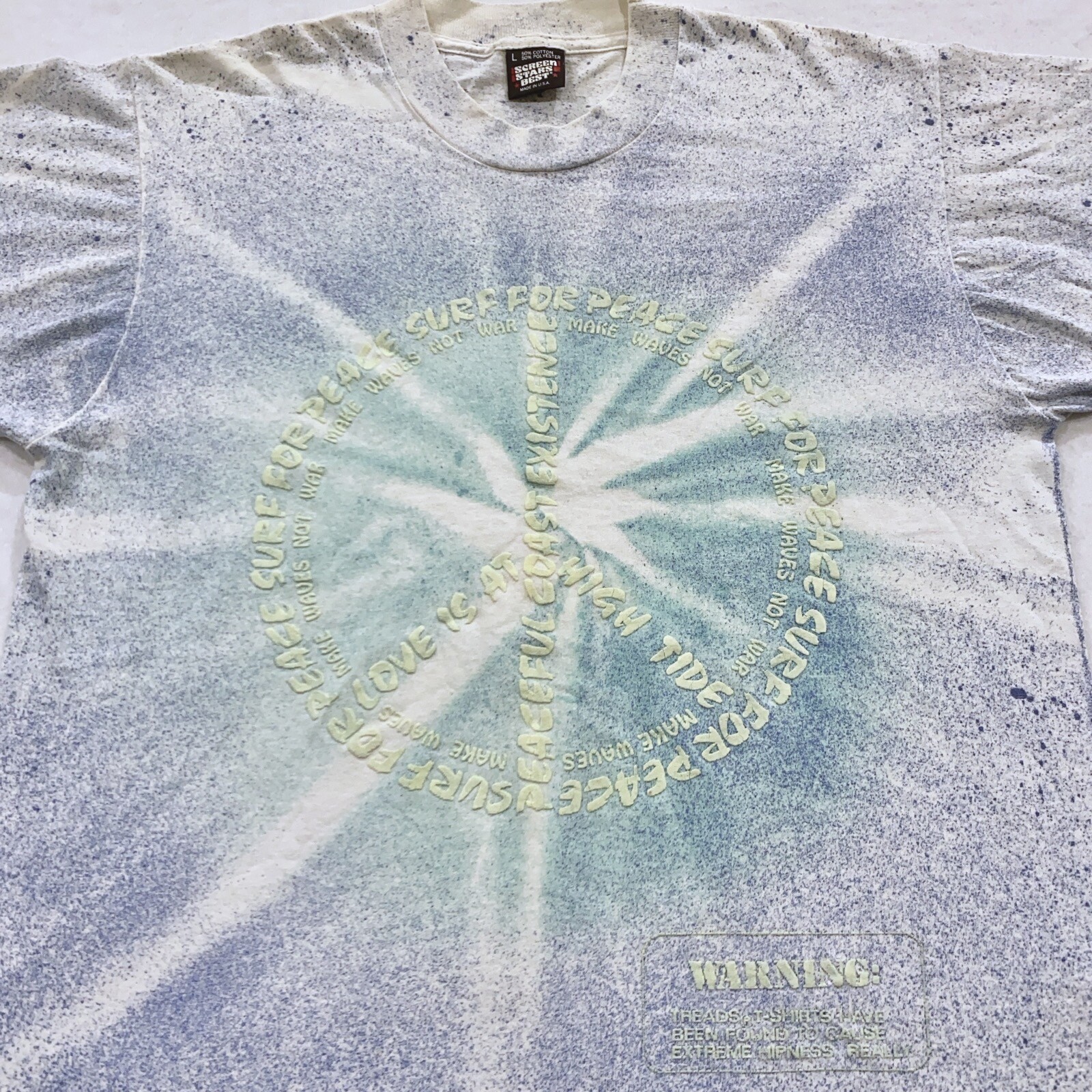 vtg 90s SURF FOR PEACE MAKE WAVES, NOT WAR T-Shirt M beach threads symbol sign gallery