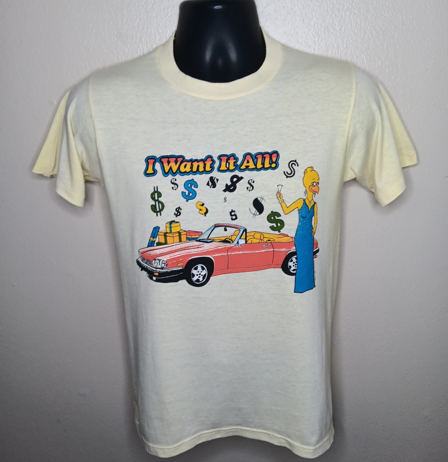 Vintage 90s I Want It All Adult Small T-shirt Thin Yellow Tee Jerzees 1990