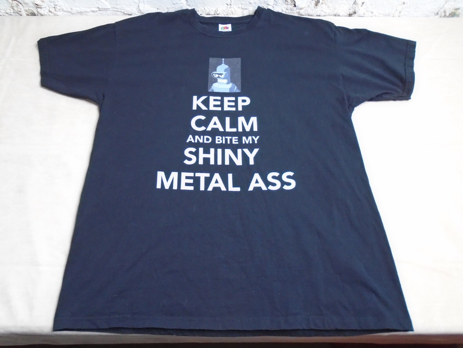 Vintage Y2K Futurama Bender Keep Calm Bite Shiny Metal T Shirt Graphic Black XL