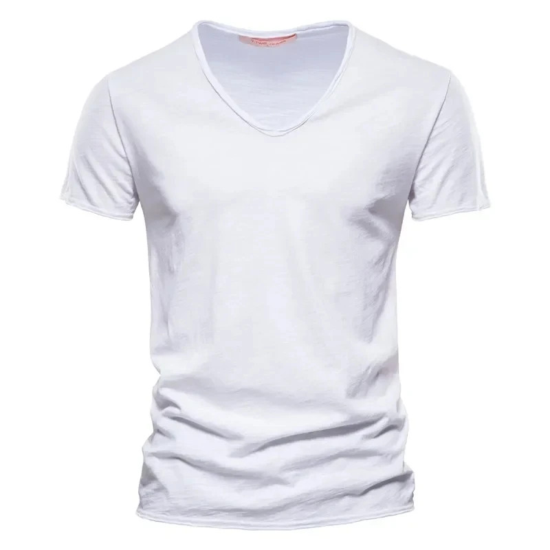 2024 hot summer men's new solid color V-neck pure cotton short sleeved T-shirt h gallery
