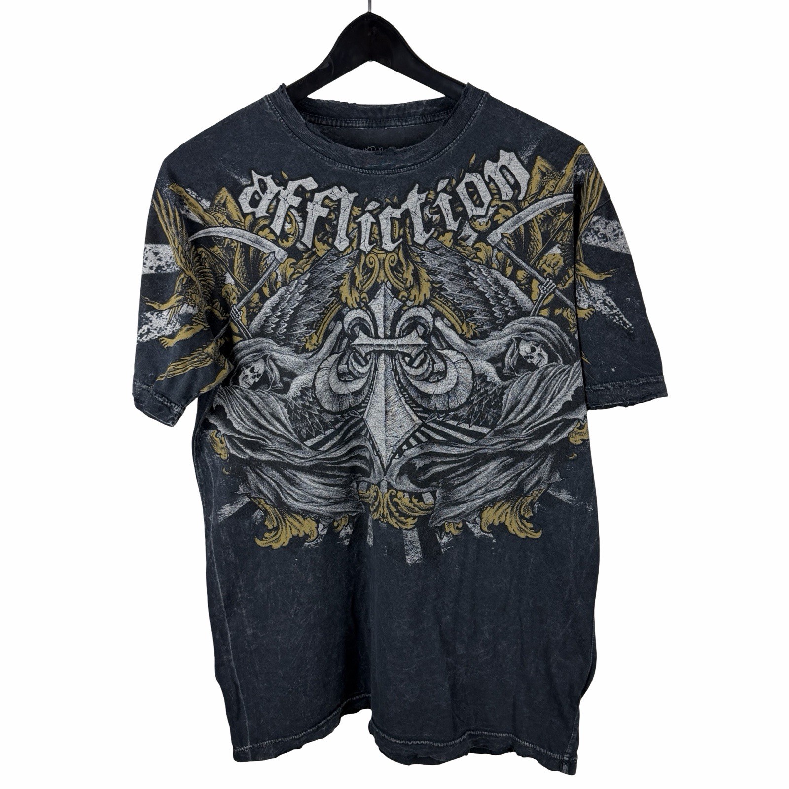 Mens Y2K Affliction Cross Wing Grunge Punk AOP Graphic Grey Shirt Size L