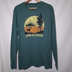 Life Is Good Cool Tee Shirt Men Medium Green Buck Deer Sunset Wilderness Hike