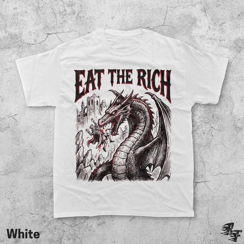 Eat The Rich Dragon Graphic T-Shirt, Vintage 90s Style Fantasy Tee gallery