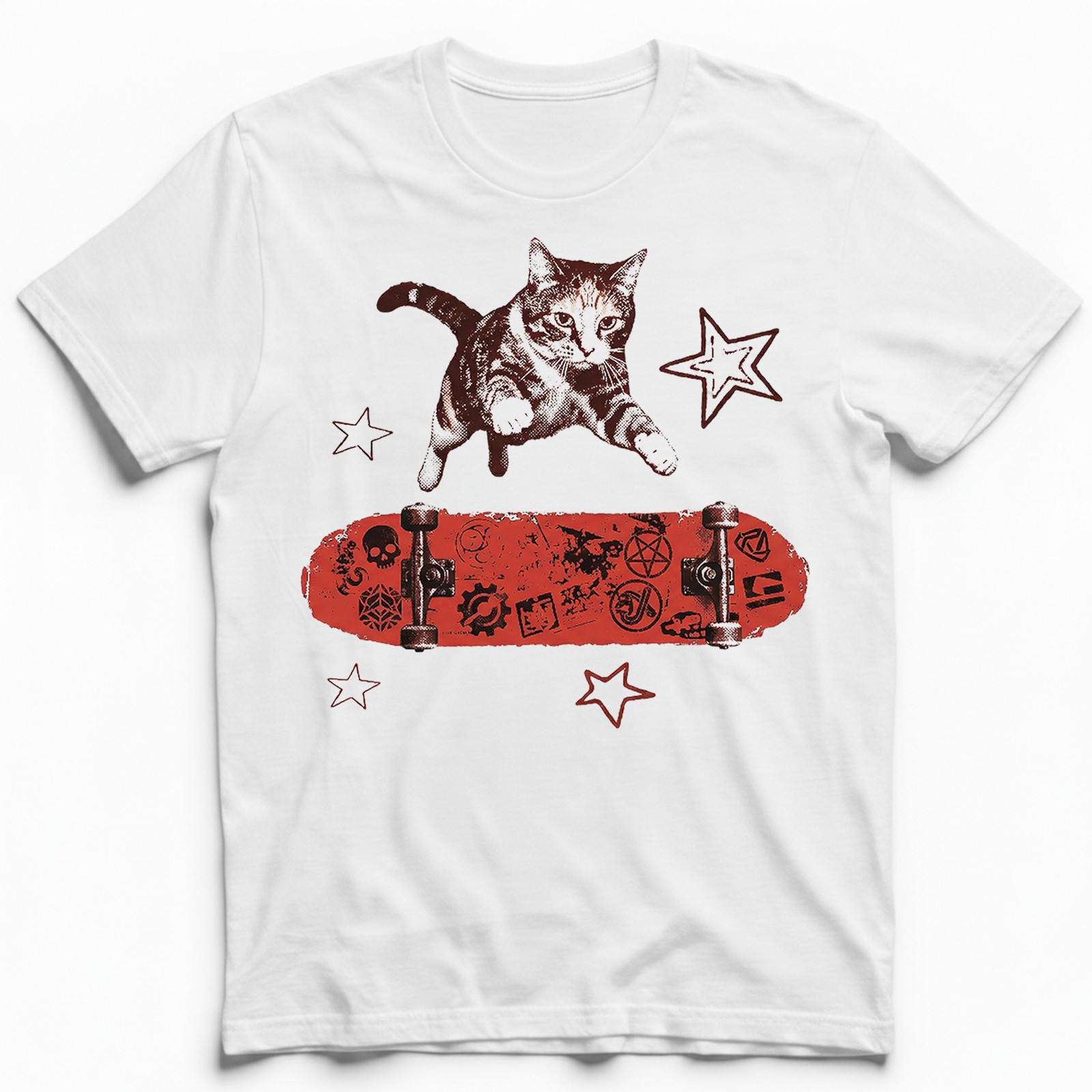 Red Skater Cat Symbols Skateboard T-Shirt Retro Punk Skull Streetwear Kitty Tee gallery