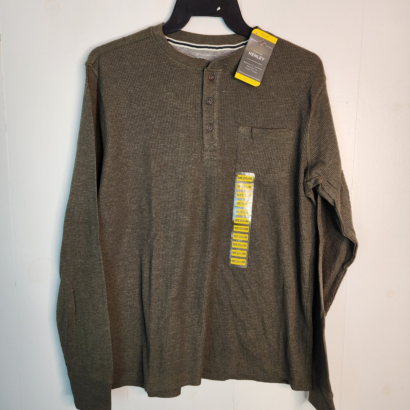 Members Mark Mens Thermal Henley Shirt Olive Green Waffle Knit Long Sleeve Med gallery
