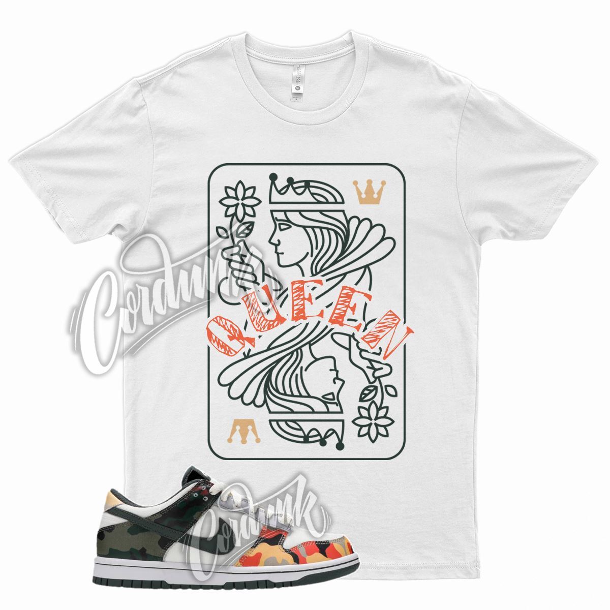 WHT QUEEN T Shirt for N Dunk Low Sail Multi Camo Vintage Green Total Orange