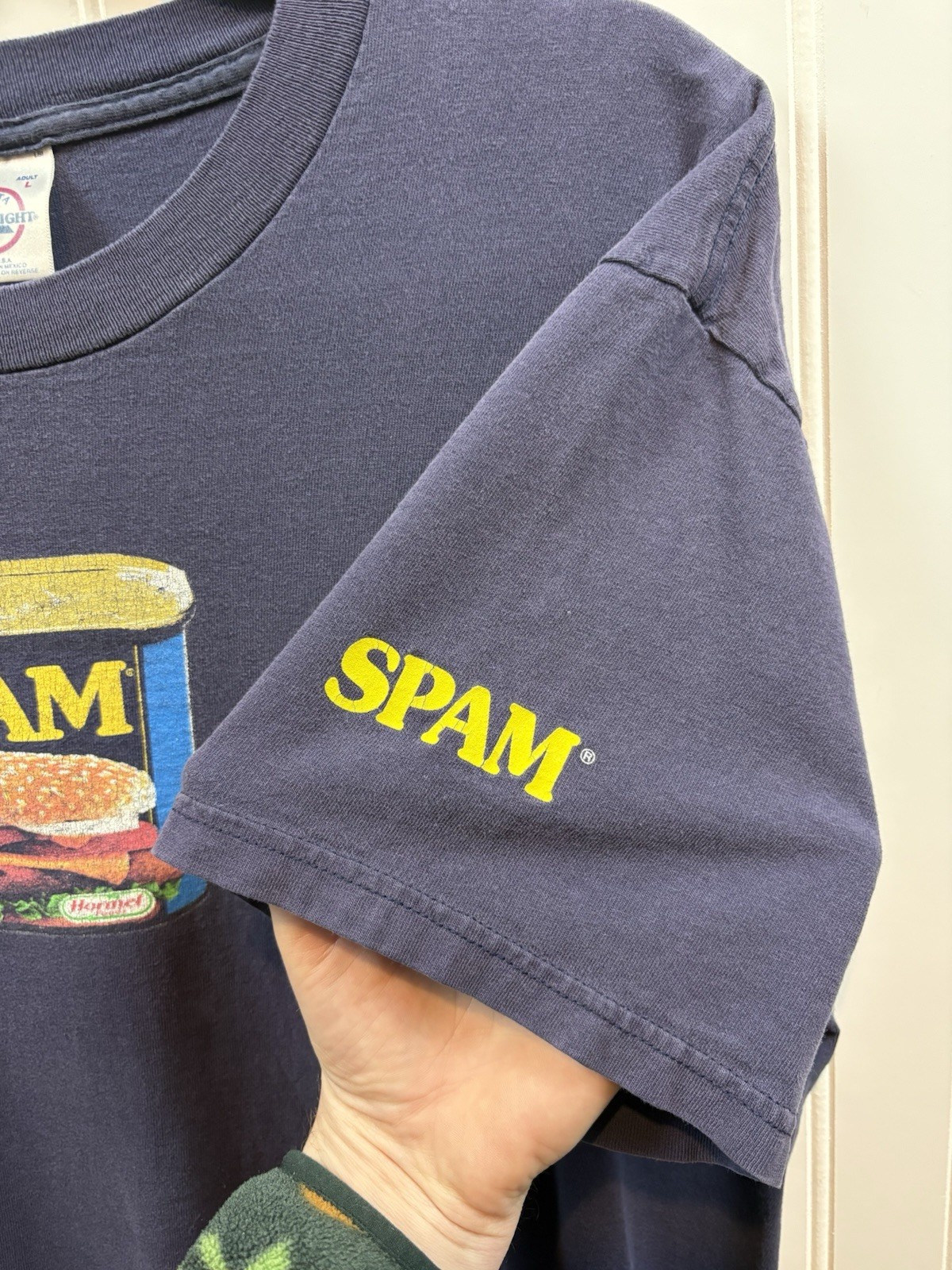 Vintage 2000s SPAM Can T-Shirt Size Large Navy Blue Formal Foods Snack Delta gallery
