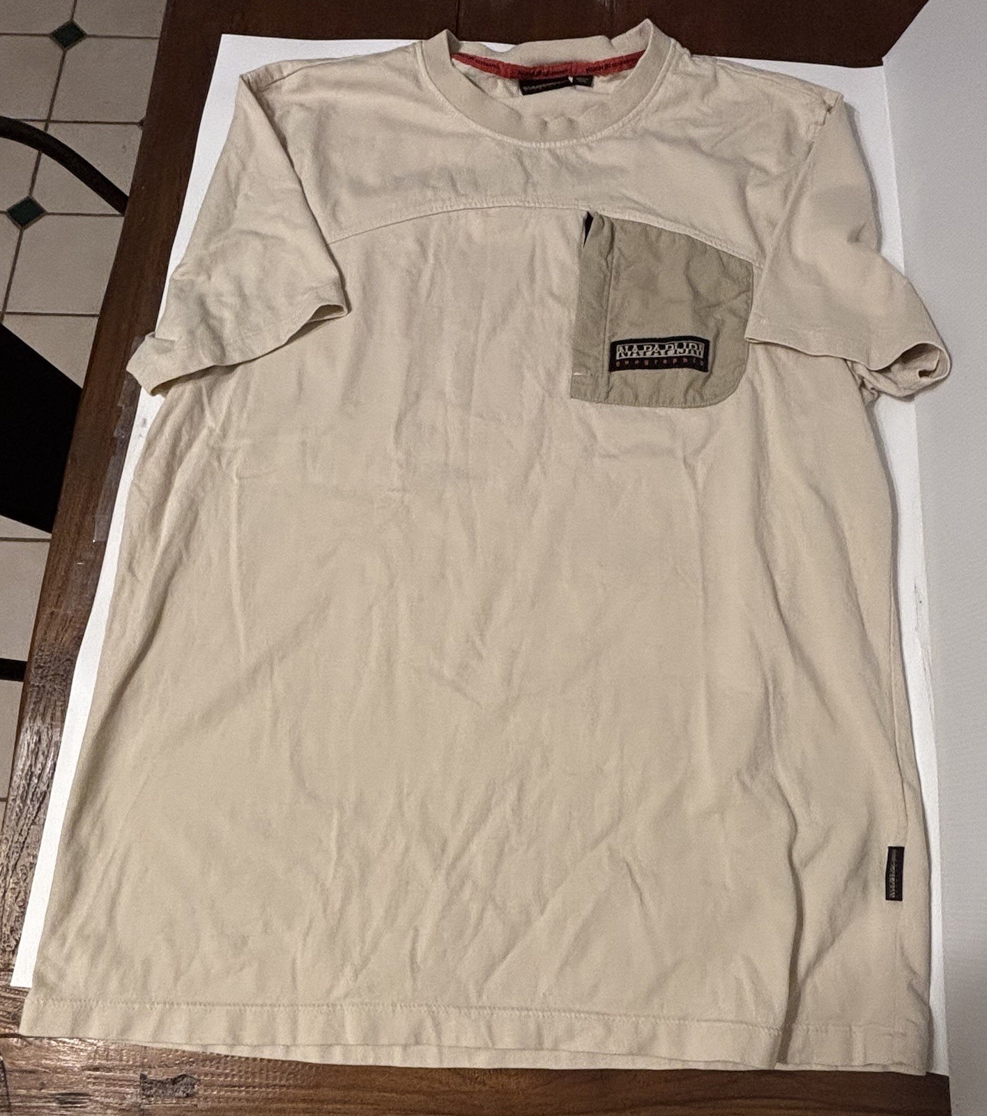 Napapijri Geographic Men Large Tan Beige Zipper Pocket 100% Cotton T-Shirt gallery