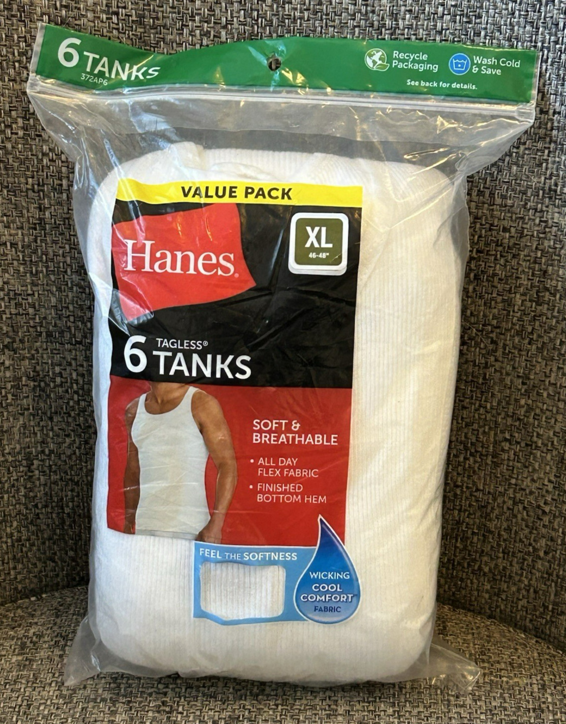 MENS HANES 6 PK TAGLESS WHITE TANKS SOFT BREATHABLE LONG LENGTH SIZE XL 46"-48" gallery