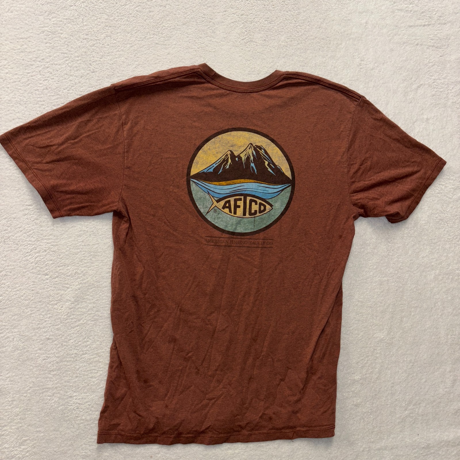 AFTCO Shirt Mens Large Rustic Orange Fishing Mountain Graphic Outdoors READ gallery